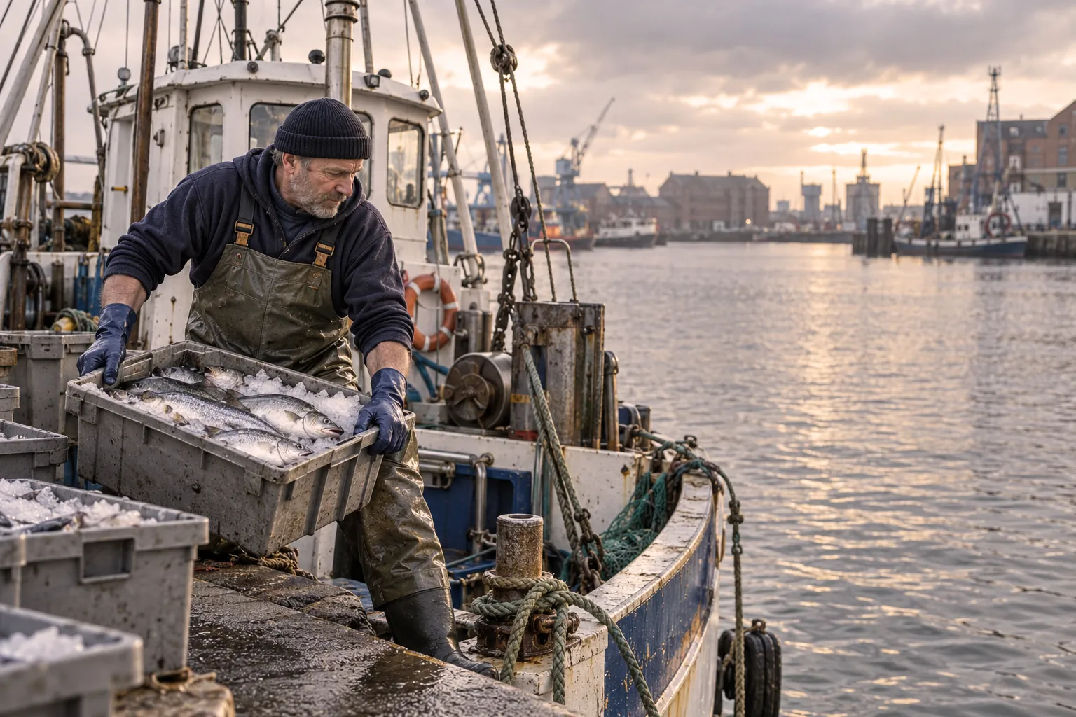 Ein Fischer lädt im Abendlicht am Kai eine Kiste mit frischem Fisch auf Eis vom Kutter